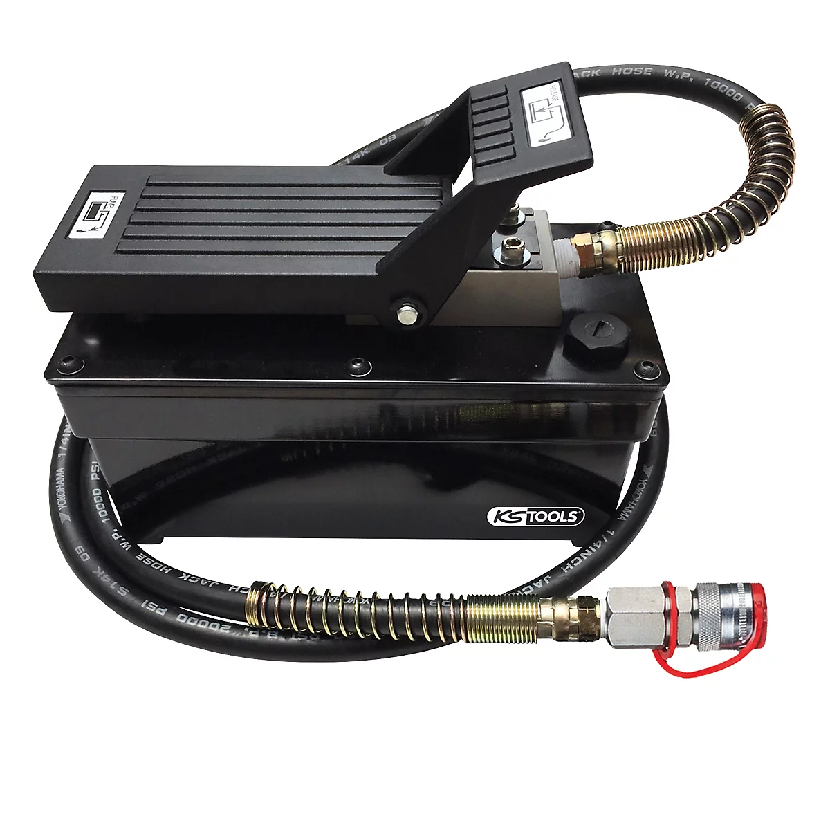 Schwarze Fußpumpe mit Griff und Schlauch. Auf dem Produkt steht "KS TOOLS".